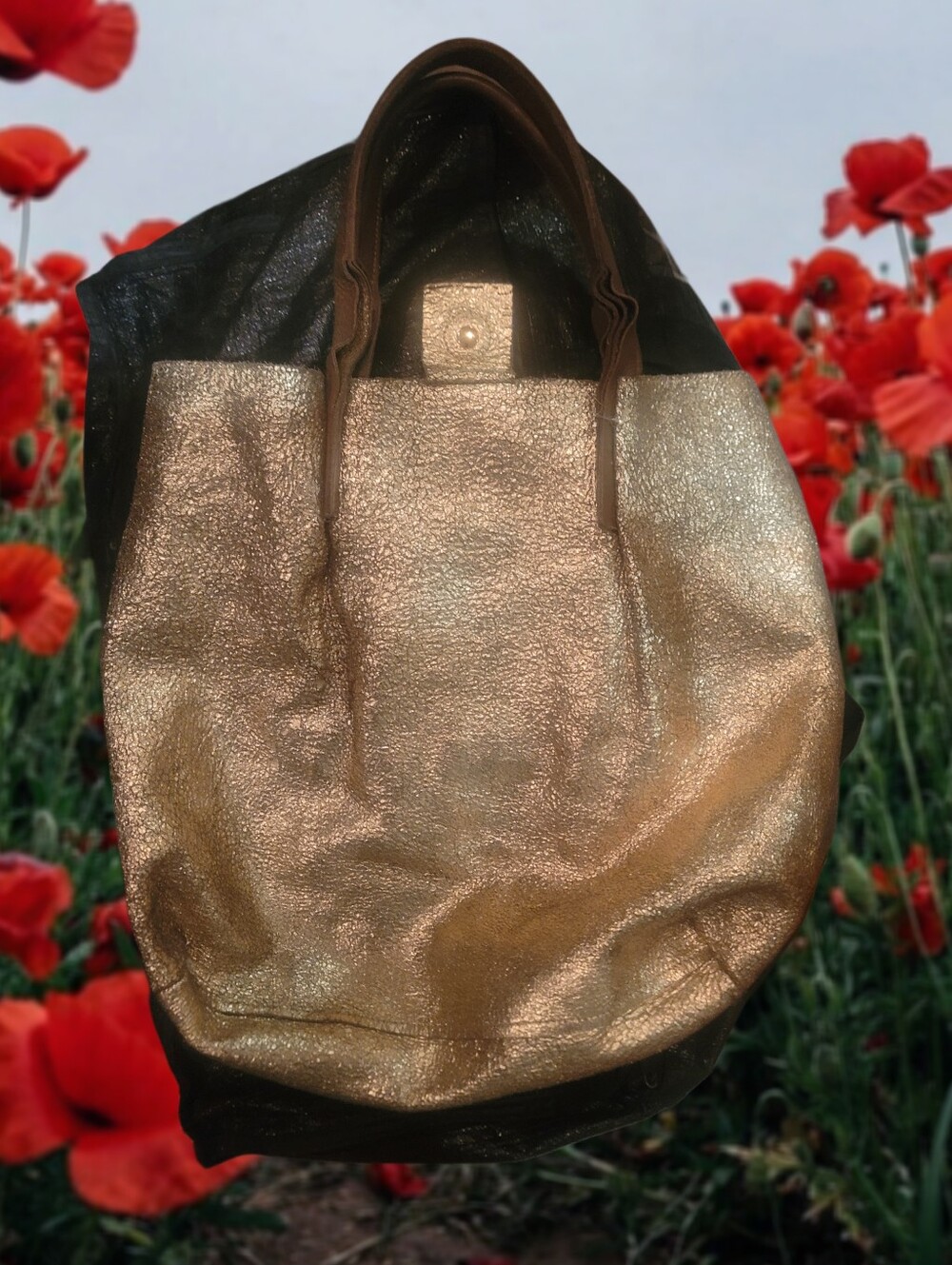 Reversible Gold and Tan Leather Tote with Magnetic Flap Closure